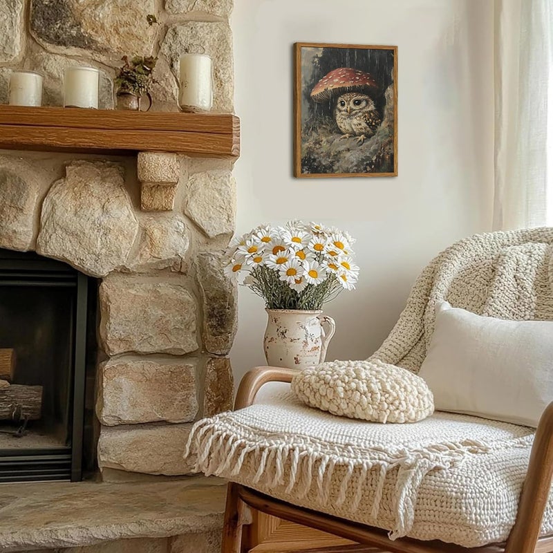 Hwetui Framed Vintage Owl Canvas Wall Art, Cute Bird Mushroom Pictures Wall Decor, Cottagecore Forest Animal Paintings Prints Gothic Rustic Moody Home Decor for Living Room Bedroom Nursery 12x16 inch - Image 2