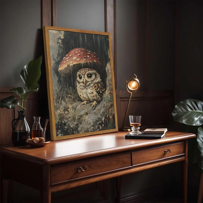 Hwetui Framed Vintage Owl Canvas Wall Art, Cute Bird Mushroom Pictures Wall Decor, Cottagecore Forest Animal Paintings Prints Gothic Rustic Moody Home Decor for Living Room Bedroom Nursery 12x16 inch - Image 4
