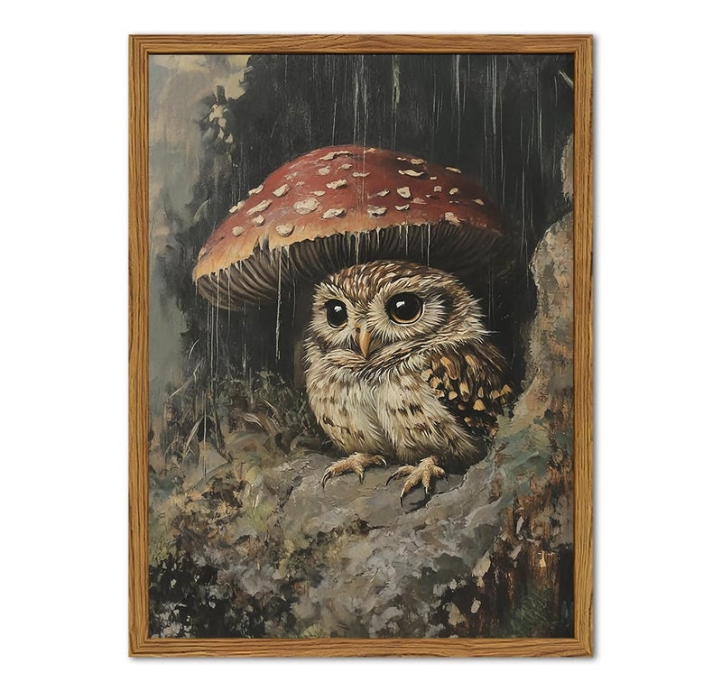 Hwetui Framed Vintage Owl Canvas Wall Art, Cute Bird Mushroom Pictures Wall Decor, Cottagecore Forest Animal Paintings Prints Gothic Rustic Moody Home Decor for Living Room Bedroom Nursery 12x16 inch - Image 1