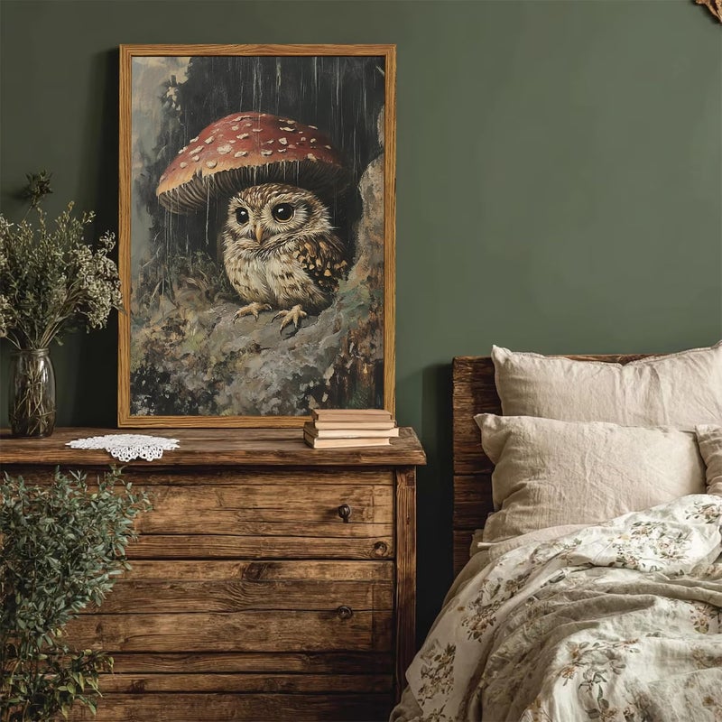 Hwetui Framed Vintage Owl Canvas Wall Art, Cute Bird Mushroom Pictures Wall Decor, Cottagecore Forest Animal Paintings Prints Gothic Rustic Moody Home Decor for Living Room Bedroom Nursery 12x16 inch - Image 3