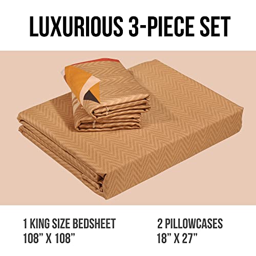 Pavo Story@Home - PAVO Studio Artini Bedsheet Collection, Bedsheet King Size Bed Cotton, 300 TC Fine Cotton Bedsheet with 2 Pillow Covers, Geometric/Triangle Pattern, Cantaloupe - Image 3