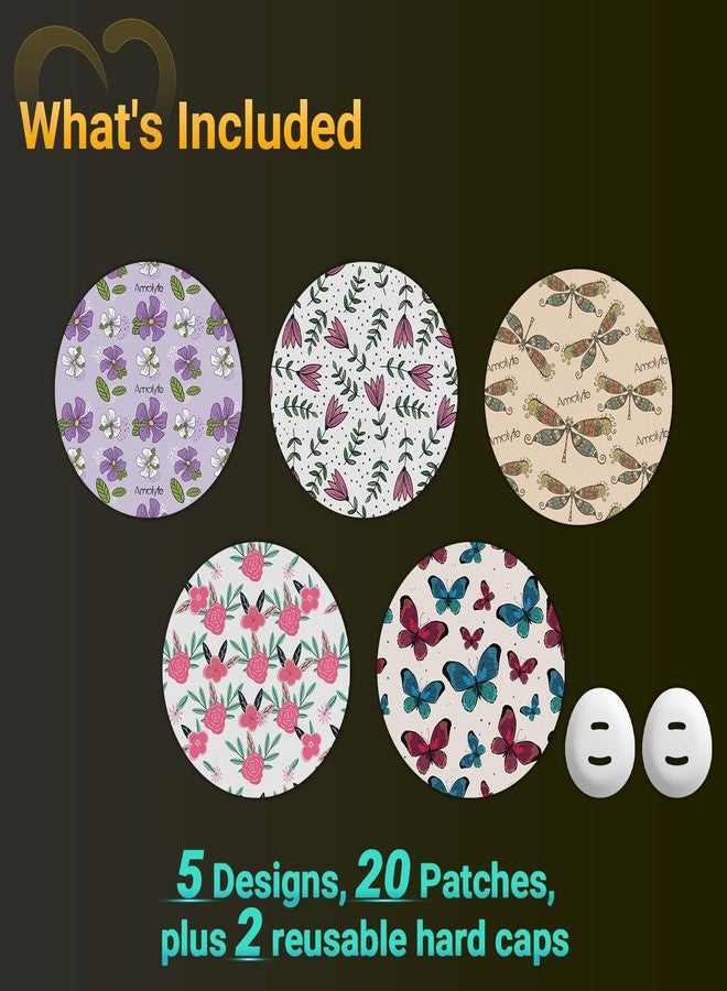 Amolyfe لصقات أموليف ديكسكوم جي 7 اللاصقة على شكل زهور، عبوة من 20 لصقة ديكسكوم ستيلو، مقاومة للماء والصدمات مع غطاءين صلبين وعلبة معدنية، قابلة للتهوية، لاصقة طبية، حماية لمدة 10 أيام لجهاز مراقبة الجلوكوز المستمر (على شكل زهور). - Image 2