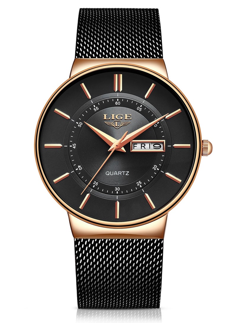 LIGE Mens Waterproof Ultra Thin Watches Calendar Function Simple and Stylish Quartz Watch Sports Mesh Strap Black - Image 1