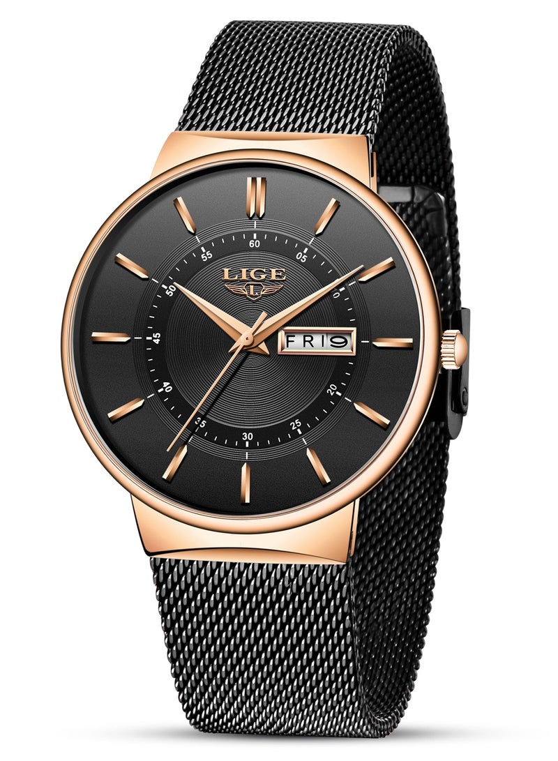LIGE Mens Waterproof Ultra Thin Watches Calendar Function Simple and Stylish Quartz Watch Sports Mesh Strap Black - Image 2