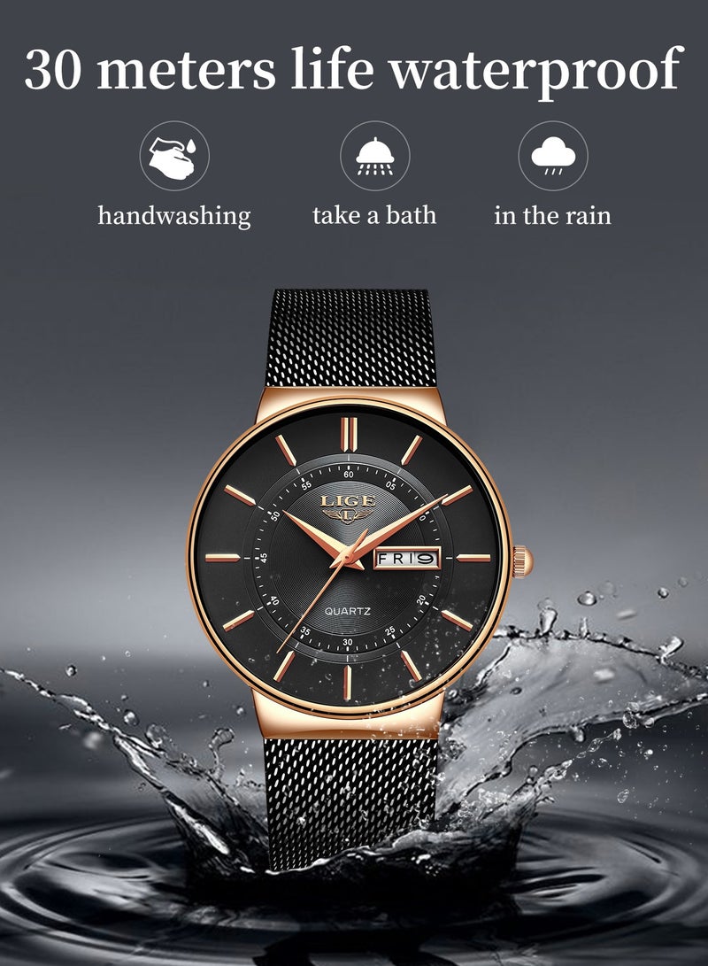 LIGE Mens Waterproof Ultra Thin Watches Calendar Function Simple and Stylish Quartz Watch Sports Mesh Strap Black - Image 4