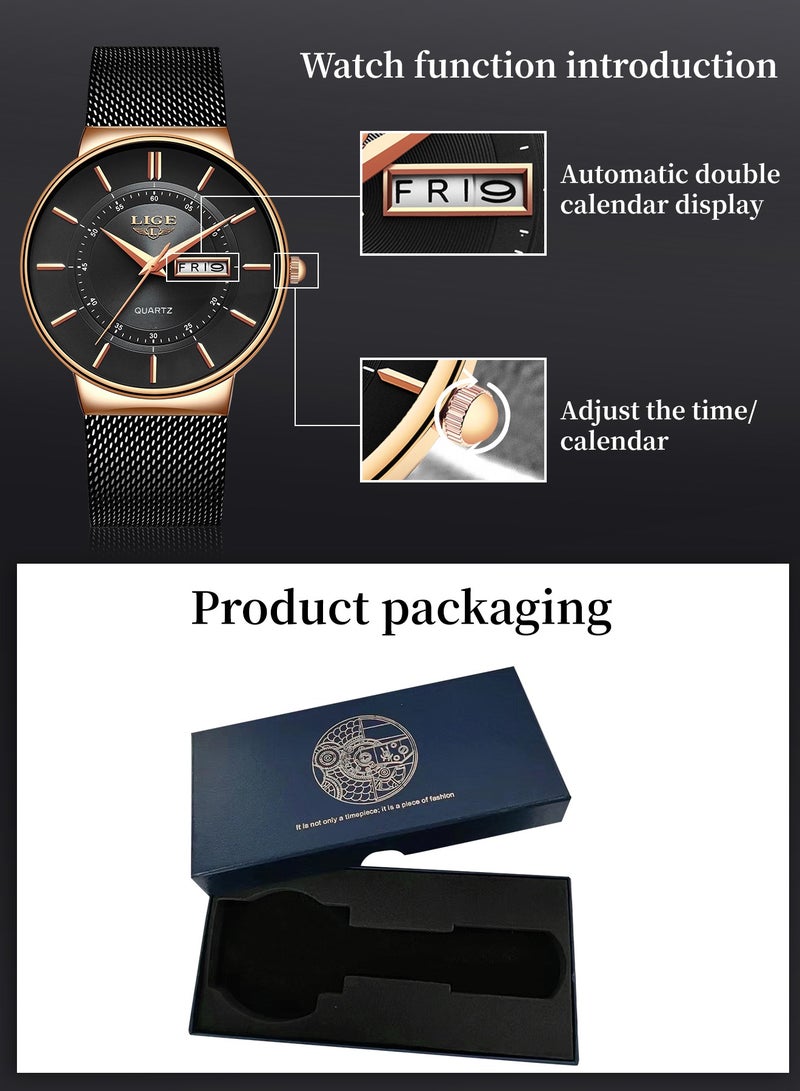 LIGE Mens Waterproof Ultra Thin Watches Calendar Function Simple and Stylish Quartz Watch Sports Mesh Strap Black - Image 5