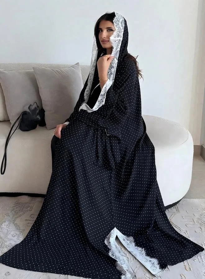 Take Two  Black Polka Dot Abaya With Lace Trim for Women | Best Price UAE