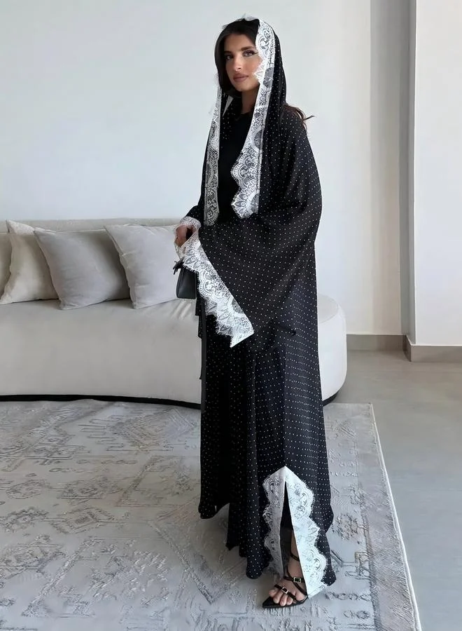 Take Two Black Polka Dot Abaya With Lace Trim