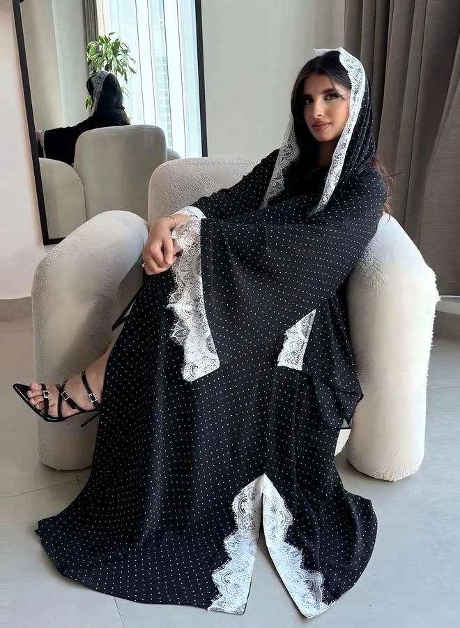 Take Two  Black Polka Dot Abaya With Lace Trim for Women | Best Price UAE