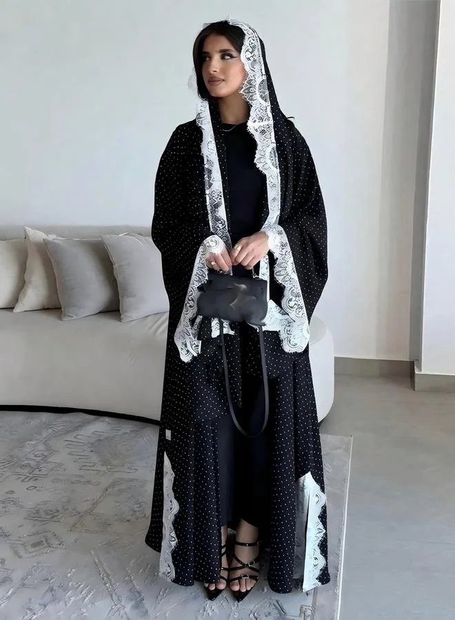 Take Two Black Polka Dot Abaya With Lace Trim