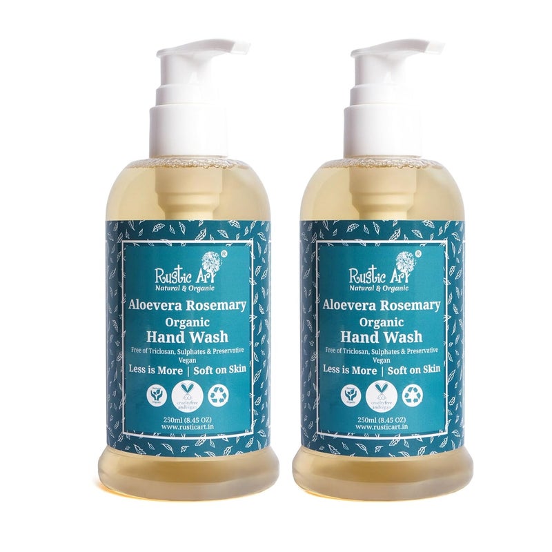 Rustic Art Organic Aloe Vera Rosemary Hand Wash Natural Vegan NonDrying Hydrating 250 ml Pack Of 2 - Image 1