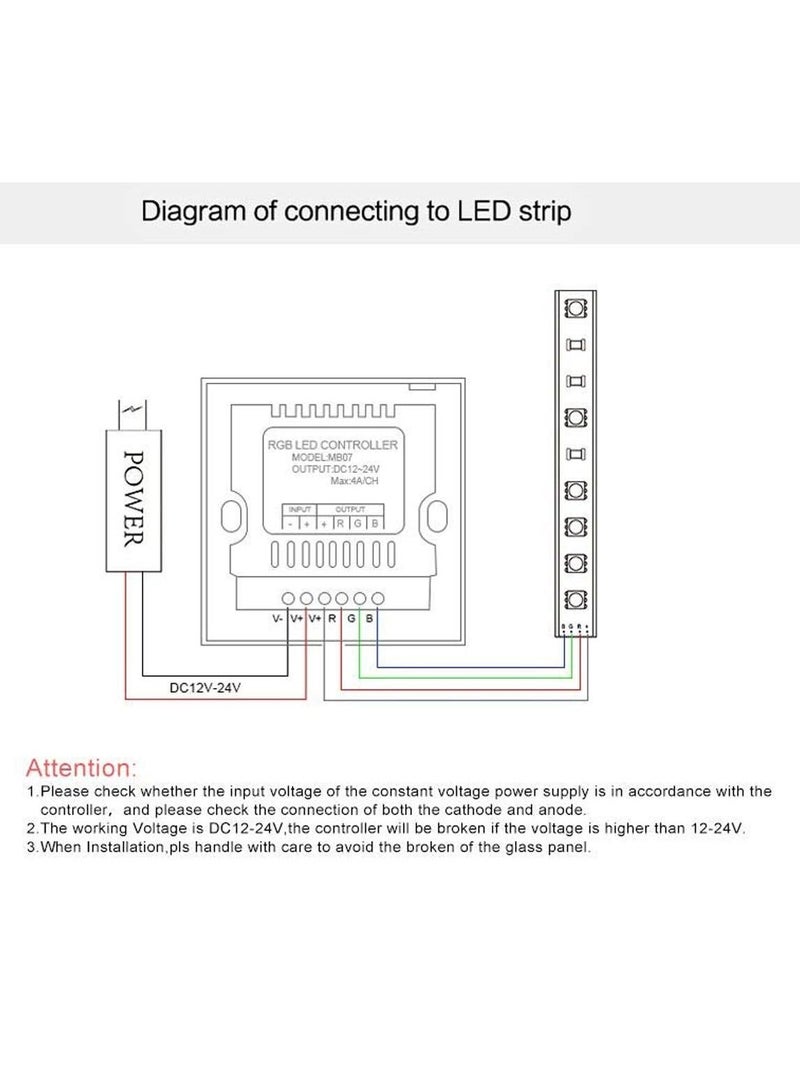 Y&D Light Dimmer Switch, LED Controller, Wall- Mounted Plastic Cover Touch Panel Switch for DC12V-24V 3528 2835 5050 Single Color Strip Lighting(RGB-Red, Green, Blue) - Image 5