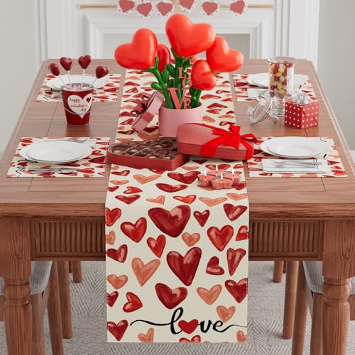 XCHI Watercolor Red Love Hearts Valentine’s Day Table Runner Table Decoration for Party Home Kitchen Dining Holiday Decor 13x72 Inch - Image 2