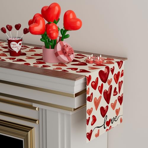 XCHI Watercolor Red Love Hearts Valentine’s Day Table Runner Table Decoration for Party Home Kitchen Dining Holiday Decor 13x72 Inch - Image 3