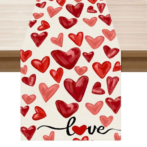 XCHI Watercolor Red Love Hearts Valentine’s Day Table Runner Table Decoration for Party Home Kitchen Dining Holiday Decor 13x72 Inch - Image 1