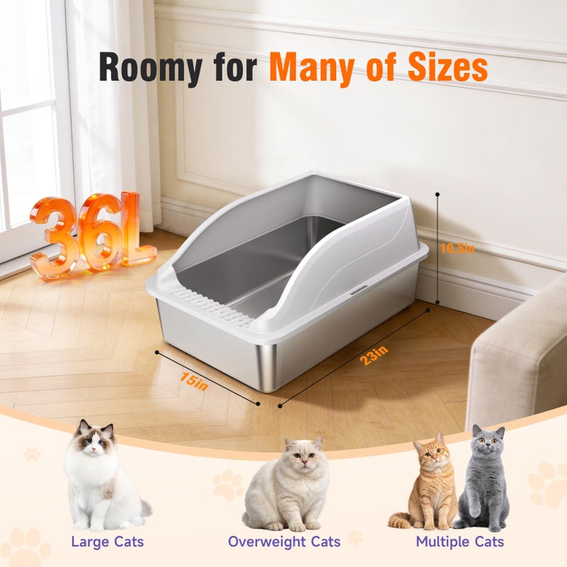 KISENG 2PACK Stainless Steel Litter Box, Extra Large XL Odor Free Metal Litter Box with High Sides, Open Top Litter Pan Include Scoop Easy Cleaning Anti-Scratch Kitty Cat Box Anti-Urine Leakage, Non-Sticky - Image 2