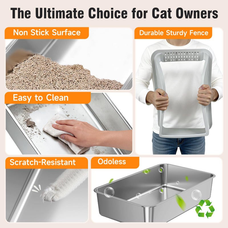 KISENG 2PACK Stainless Steel Litter Box, Extra Large XL Odor Free Metal Litter Box with High Sides, Open Top Litter Pan Include Scoop Easy Cleaning Anti-Scratch Kitty Cat Box Anti-Urine Leakage, Non-Sticky - Image 5