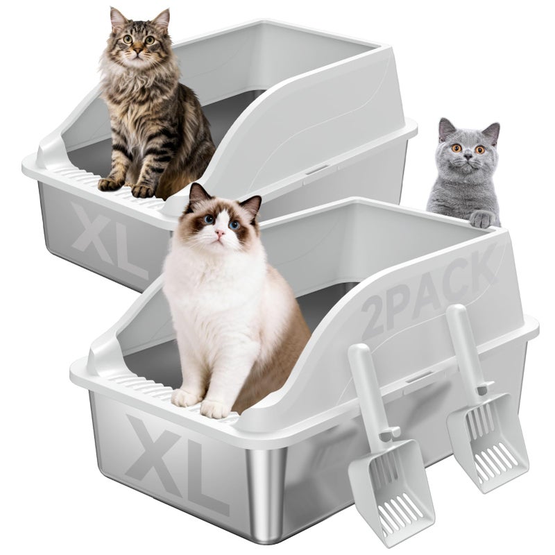 KISENG 2PACK Stainless Steel Litter Box, Extra Large XL Odor Free Metal Litter Box with High Sides, Open Top Litter Pan Include Scoop Easy Cleaning Anti-Scratch Kitty Cat Box Anti-Urine Leakage, Non-Sticky - Image 1