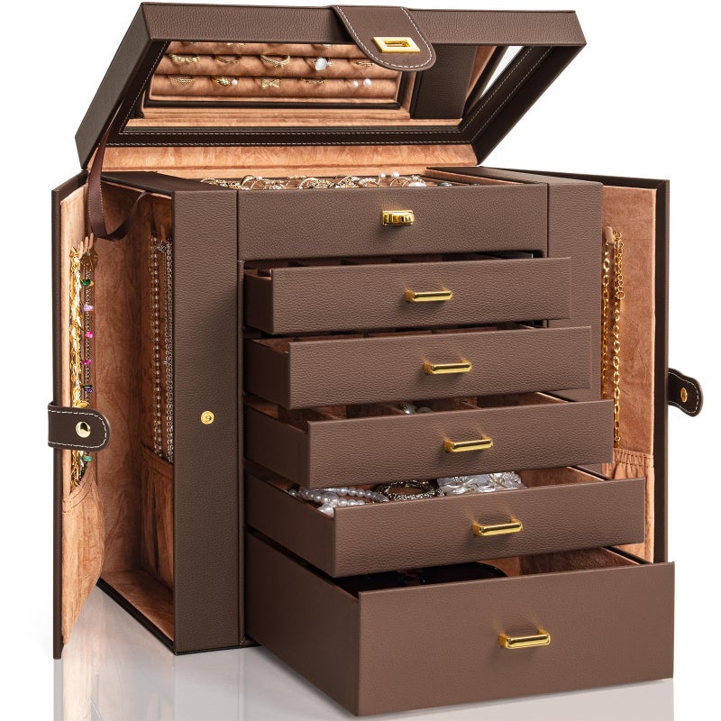 AKOZLIN Large 6-Tier Jewelry Box Organizer Functional Huge Lockable,5 Drawers Leather Jewelry Storage Case for Women Girls Ring Necklace Earring Bracelet Holder Organizer with Mirror Brown - Image 1