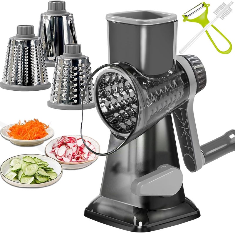 Dachenus Cheese Grater Rotary Cheese GraterVersatile Cheese ShredderBlades for Shredding Grating SlicingCheese Shredder with Suction Base and Cleaning Brush Kitchen Gift gray