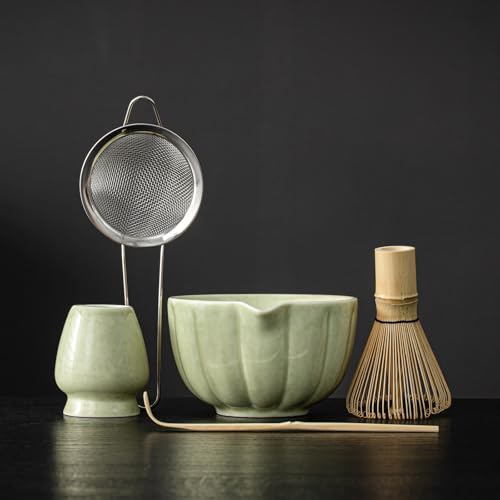 SFTXEY Matcha Whisk Set, Matcha Set Includes Ceramic Matcha Bowl, Bamboo Whisk, Scoop, Chasen Holder, Sifter, 5 Pcs Perfect Matcha Kit for Macha Lover (Mottled Green) - Image 1