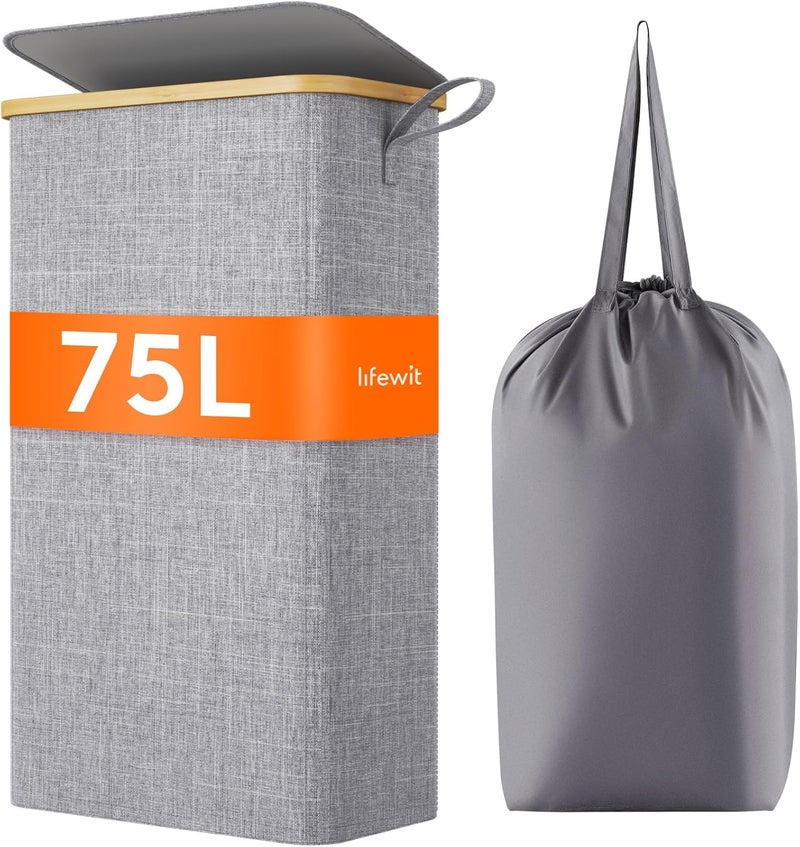 Lifewit 75L Slim Laundry Hamper with Lid, Narrow Laundry Basket with Removable Bag & Bamboo Handles, Fodable Thin Dirty Clothes Hamper for Laundry Collapsible Bin for Bathroom Bedroom Dorm, Gray - Image 1