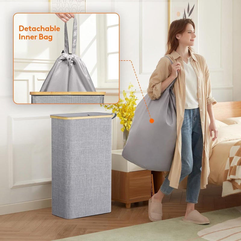 Lifewit 75L Slim Laundry Hamper with Lid, Narrow Laundry Basket with Removable Bag & Bamboo Handles, Fodable Thin Dirty Clothes Hamper for Laundry Collapsible Bin for Bathroom Bedroom Dorm, Gray - Image 4