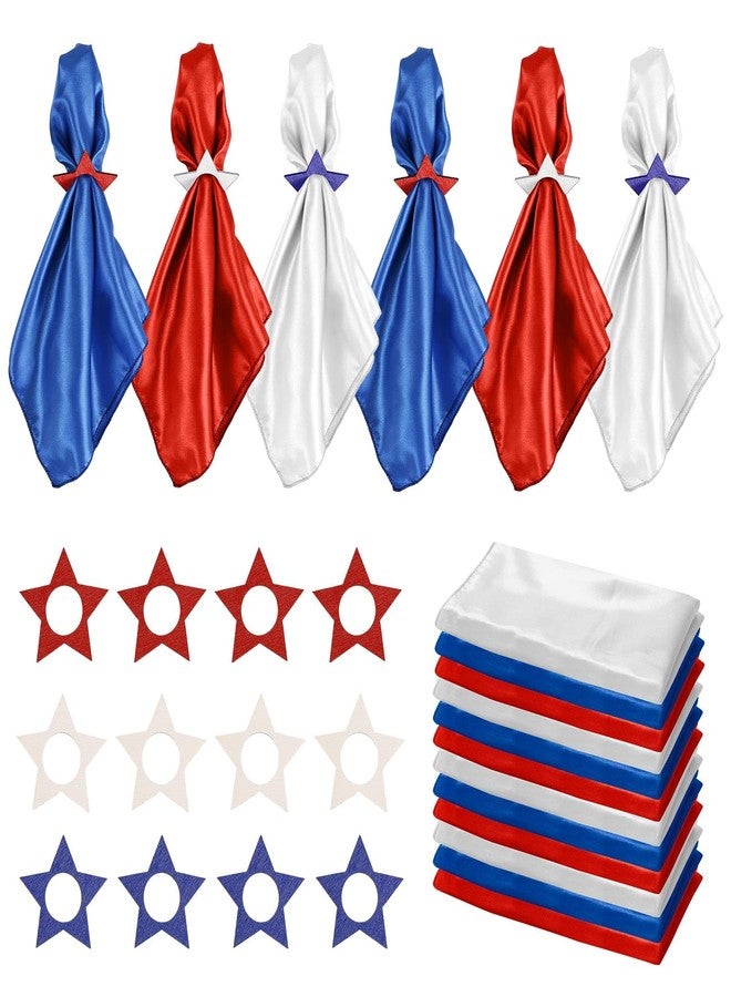 Wonlex 12PCS Patriotic Cloth Napkin + 12PCS Wooden Star Napkin Rings Holder Set 4th of July Red White Blue for Independence Day Memorial Day Party Holiday Dining Table Decor - Image 1