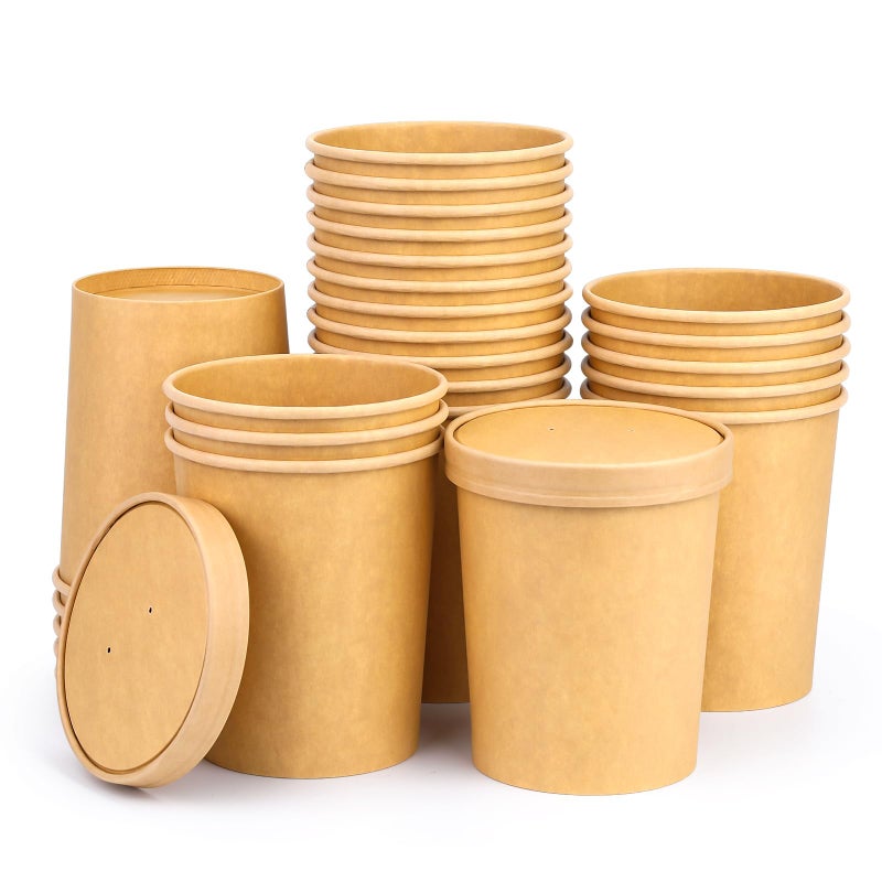 Giwrmu 32 Oz Compostable Paper Soup Cups  25 Pack Kraft Heavy Duty Cups  Disposable Paper Soup Containers with Vented Lids  Microwave Safe Party Cups  Eco Friendly Alternative to Plastic Containers - Image 1
