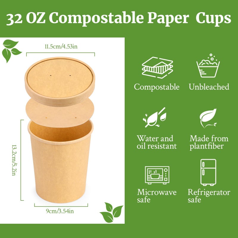Giwrmu 32 Oz Compostable Paper Soup Cups  25 Pack Kraft Heavy Duty Cups  Disposable Paper Soup Containers with Vented Lids  Microwave Safe Party Cups  Eco Friendly Alternative to Plastic Containers - Image 2