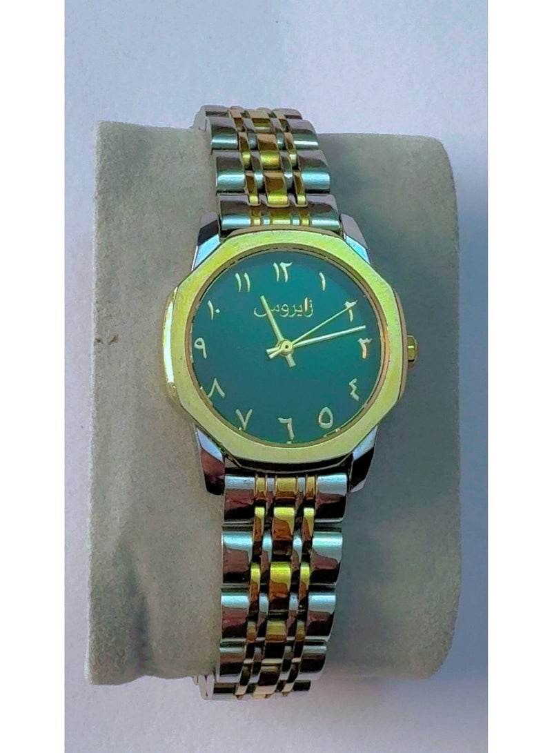 ZYROS Luxury Two-Tone Analogue Watch For Women - Elegant Green Dial With Arabic Numerals, Premium Stainless Steel Chain Strap, Gold & Silver Finish, Pre-Owned (Like New Condition) - Image 1