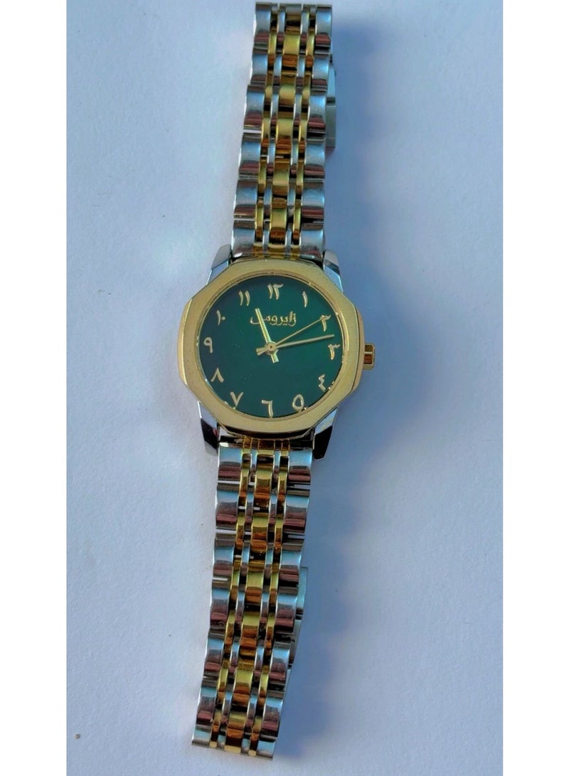 ZYROS Luxury Two-Tone Analogue Watch For Women - Elegant Green Dial With Arabic Numerals, Premium Stainless Steel Chain Strap, Gold & Silver Finish, Pre-Owned (Like New Condition) - Image 3