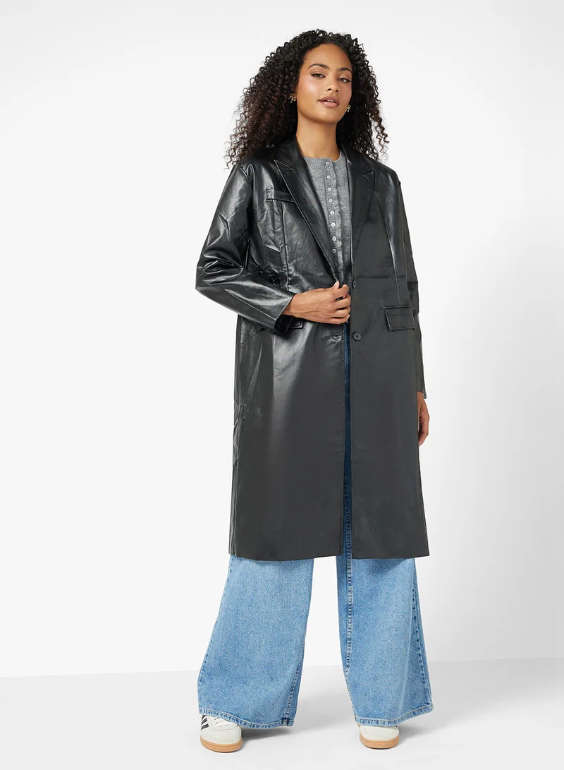 Ginger PU Leather Trench Longline Coat