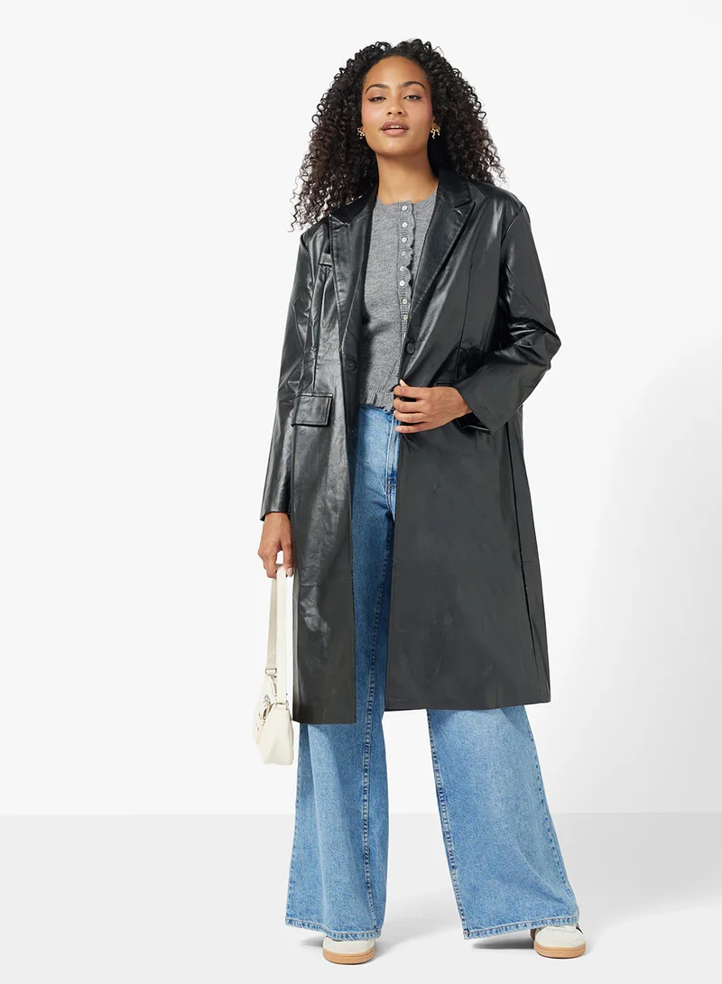 Ginger PU Leather Trench Longline Coat