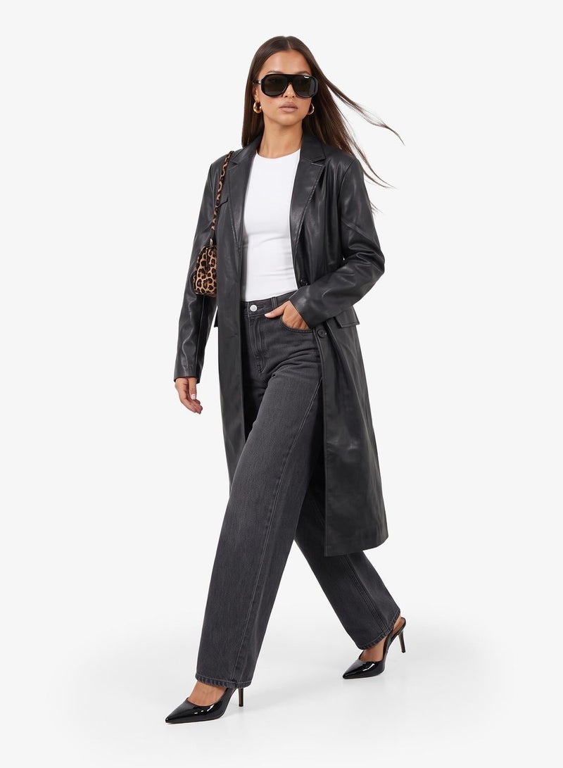 Ginger PU Leather Trench Longline Coat - Image 1