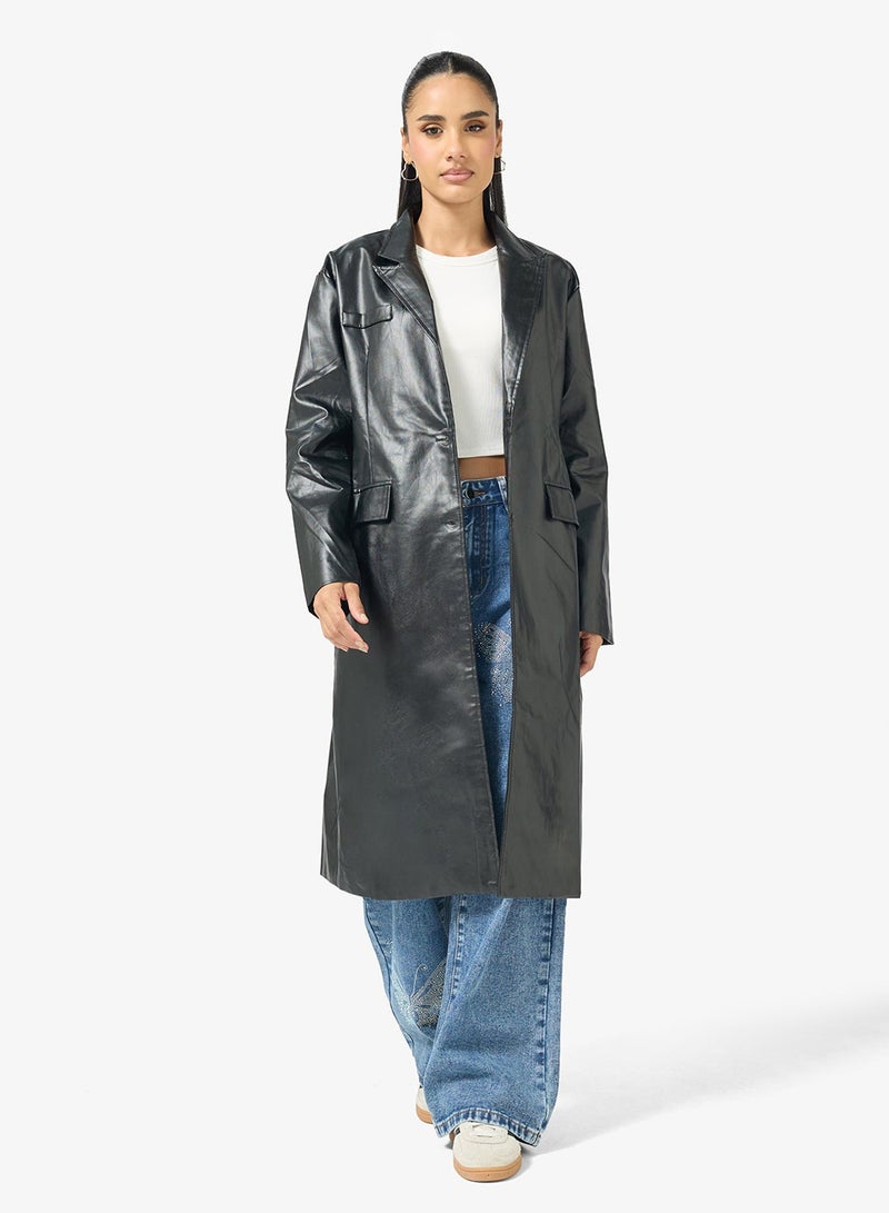 Ginger PU Leather Trench Longline Coat - Image 2