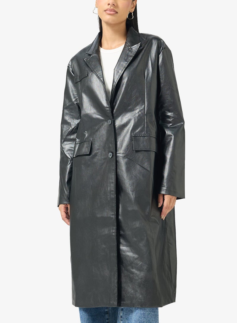Ginger PU Leather Trench Longline Coat - Image 4