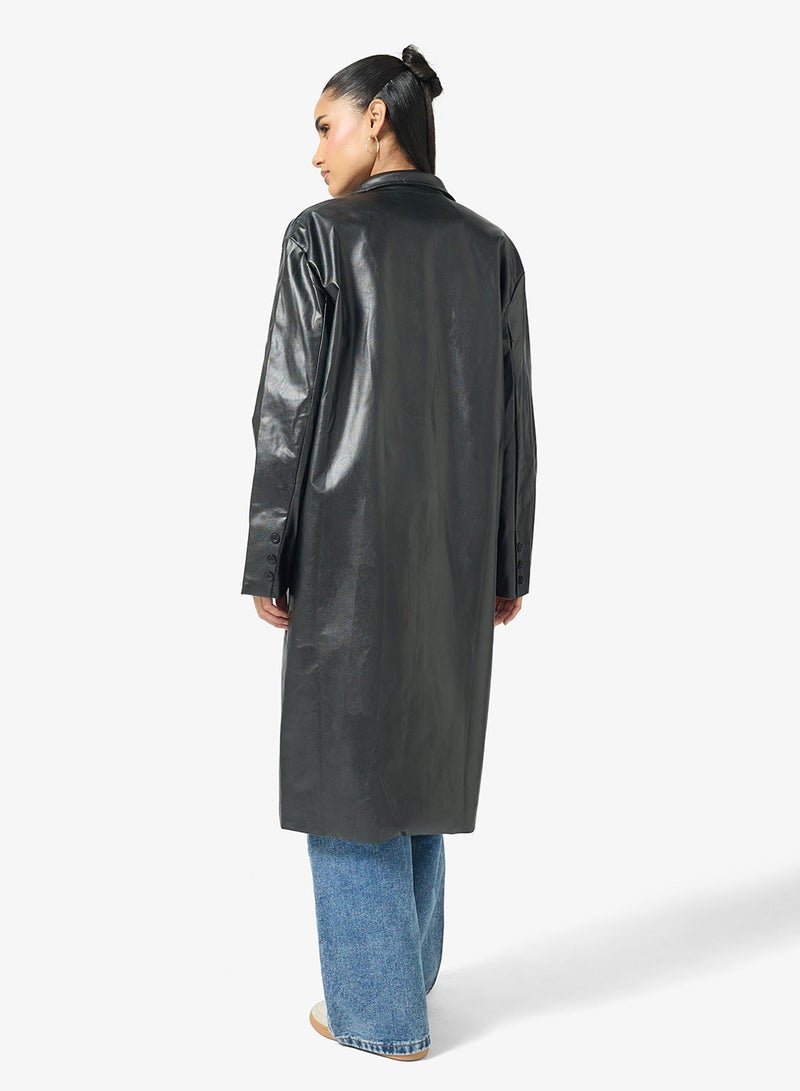 Ginger PU Leather Trench Longline Coat - Image 3