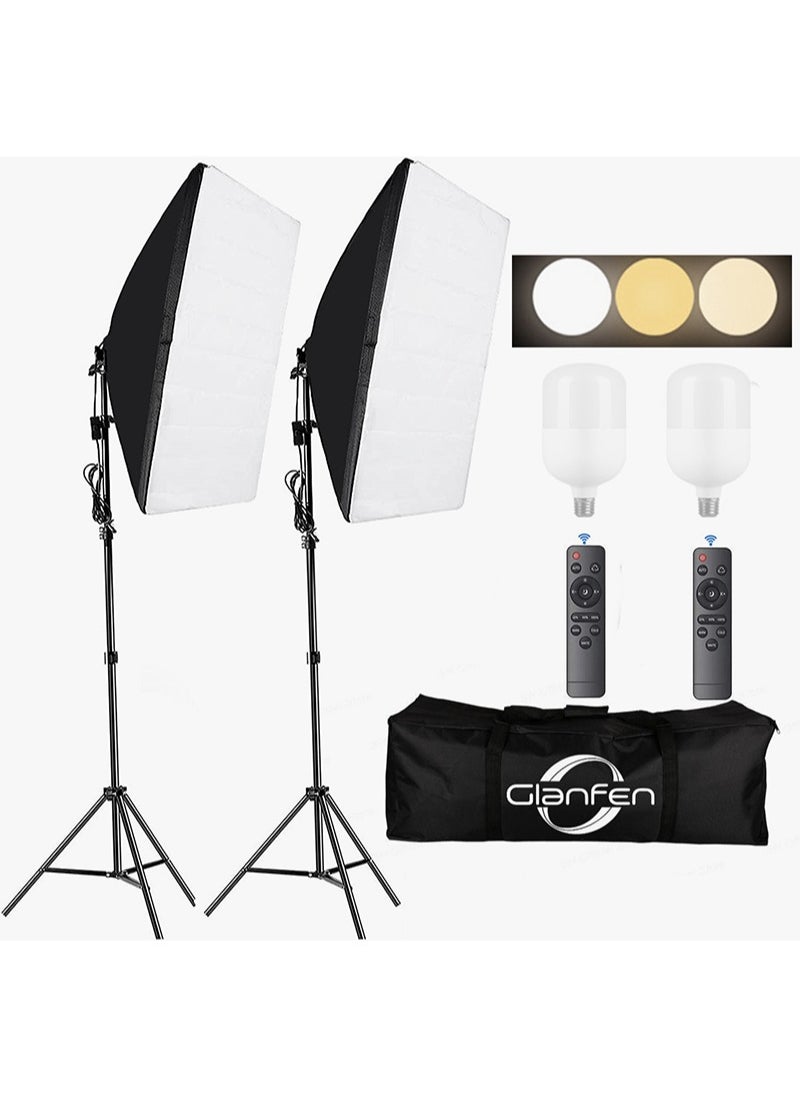 Glanfen Photography Soft Box Lighting Kit with 2 Pcs 200W 3 Colors Bulbs Soft Boxes and Carry Bag for Portrait Product Shooting  - Image 1