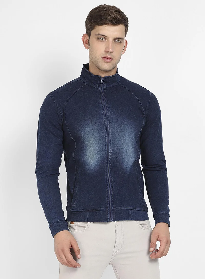 Campus Sutra Men's Navy Blue Denim-Tint Zip-Front Jacket