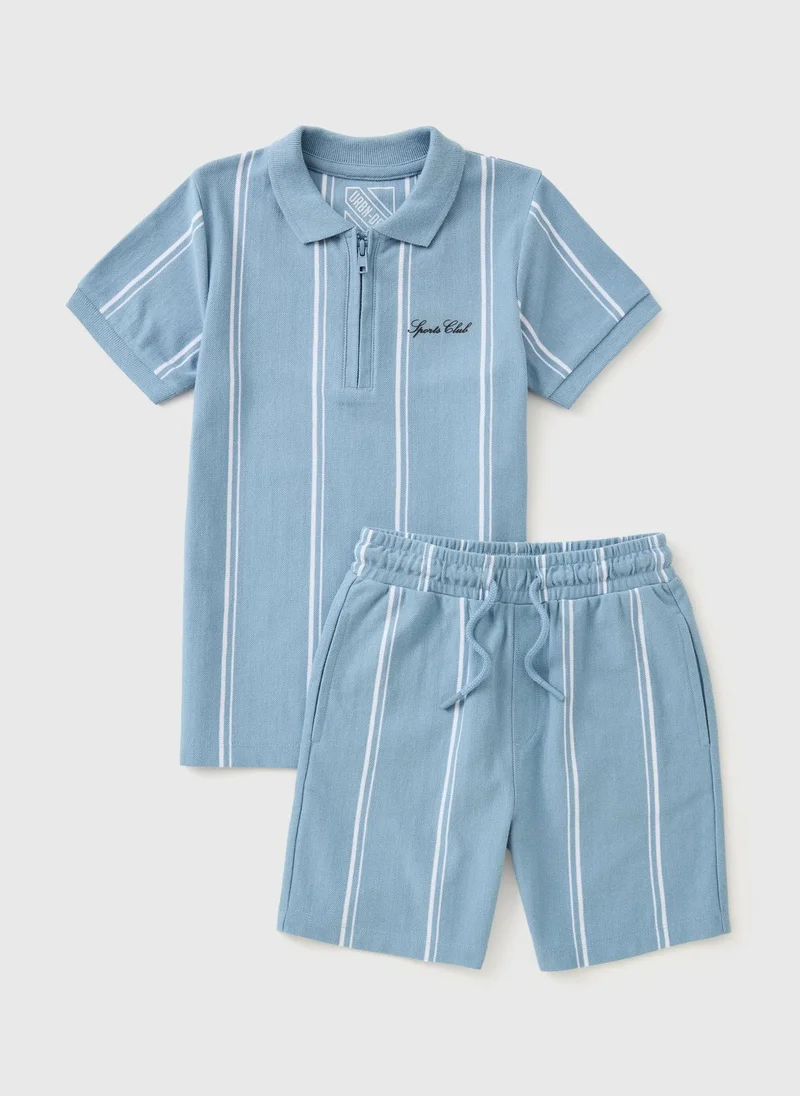 ماتلان Boys Blue Pique Stripe Polo & Shorts Set
