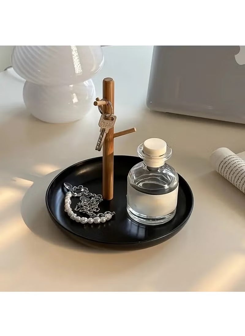 Arabest Wooden Key Tray & Jewelry Organizer – Multi-Functional Entryway Tray for Keys, Rings, and Accessories (Black Round)  - Image 1