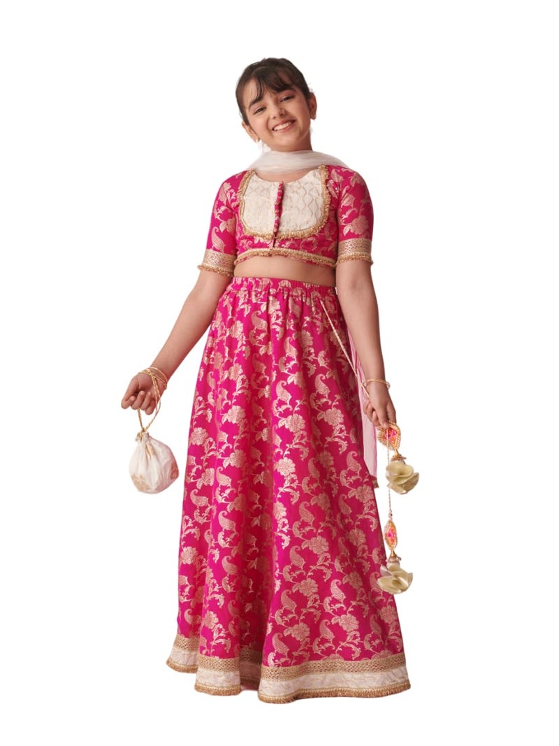 Pspeaches Girls Brocade Short Sleeves Round Neck Lehenga And Choli With Dupatta 3 Piece Set|Ethnic Wear For Kids Girls|Traditional & Festive Outfit 6-7 Year Magenta - Image 4
