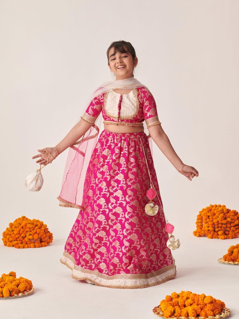 Pspeaches Girls Brocade Short Sleeves Round Neck Lehenga And Choli With Dupatta 3 Piece Set|Ethnic Wear For Kids Girls|Traditional & Festive Outfit 6-7 Year Magenta - Image 2