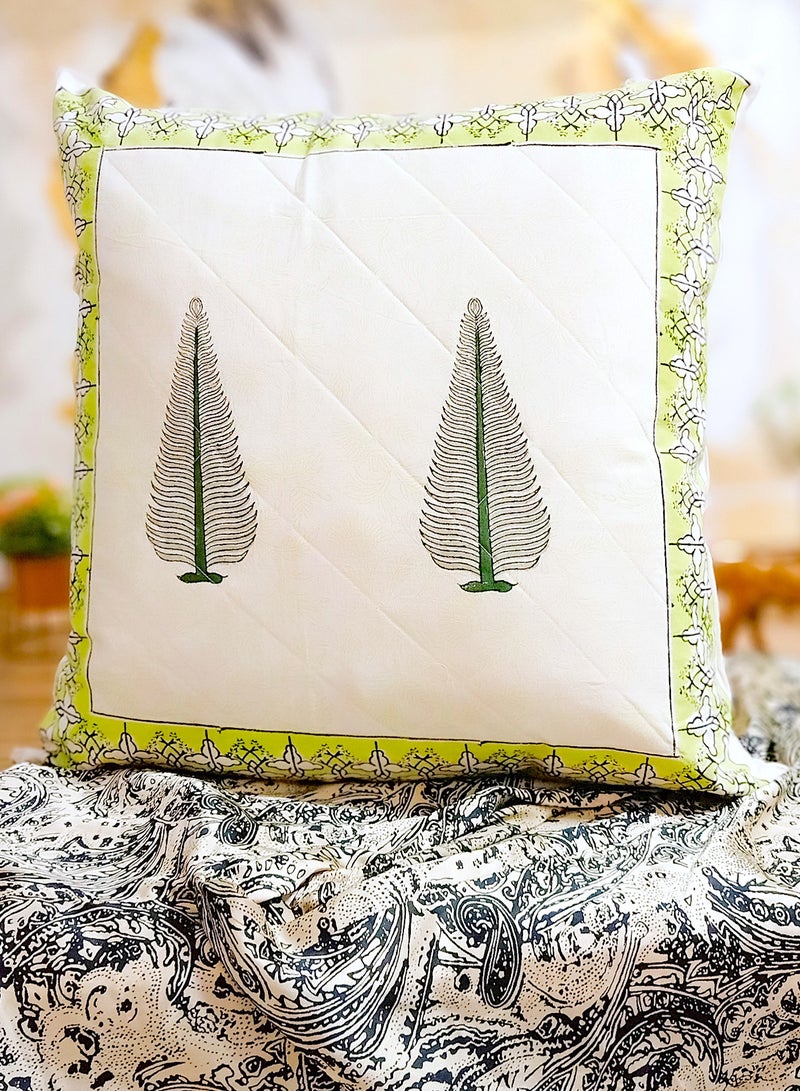 OJARIYA Lemon Green Coral Hand Block Printed Organic Cotton Quilted Cushion Cover 65 Cm X 65 Cm  - Image 4