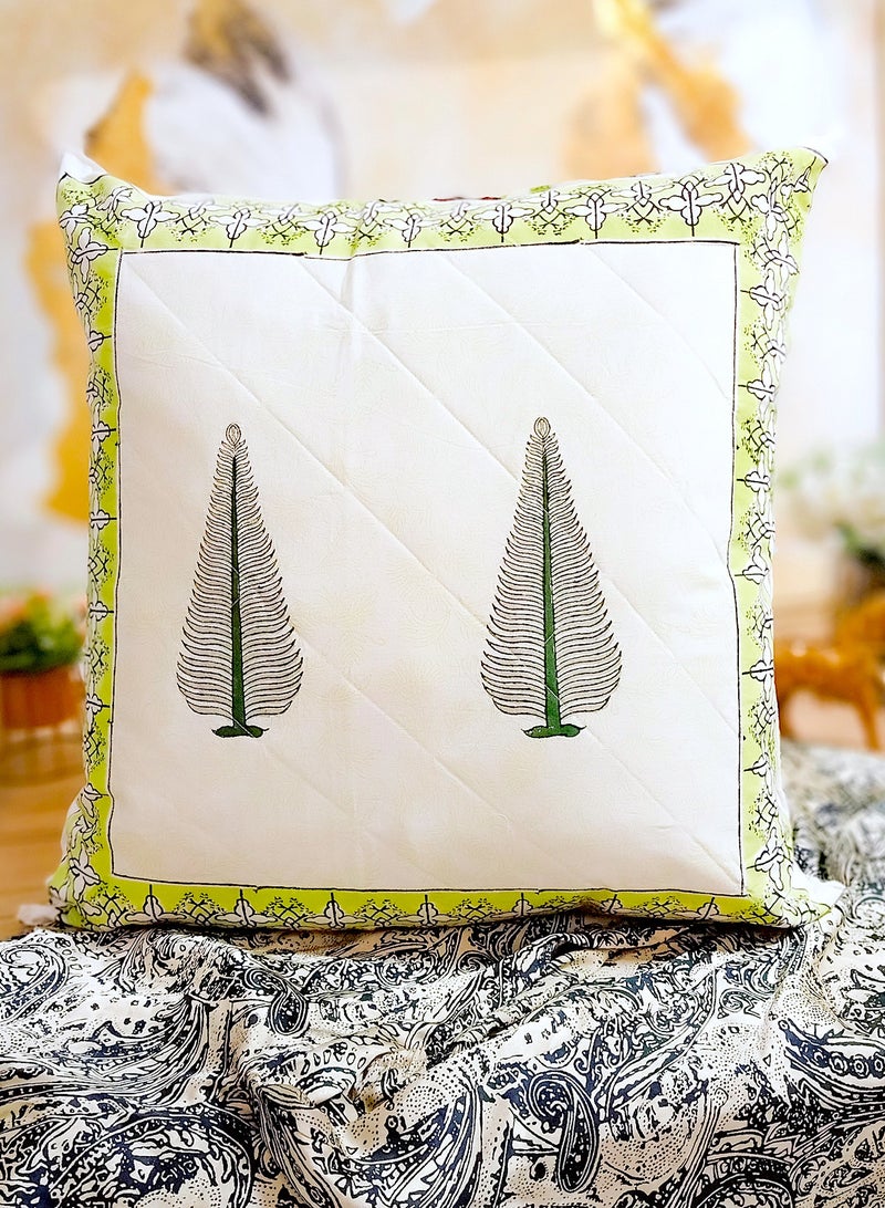 OJARIYA Lemon Green Coral Hand Block Printed Organic Cotton Quilted Cushion Cover 65 Cm X 65 Cm  - Image 2