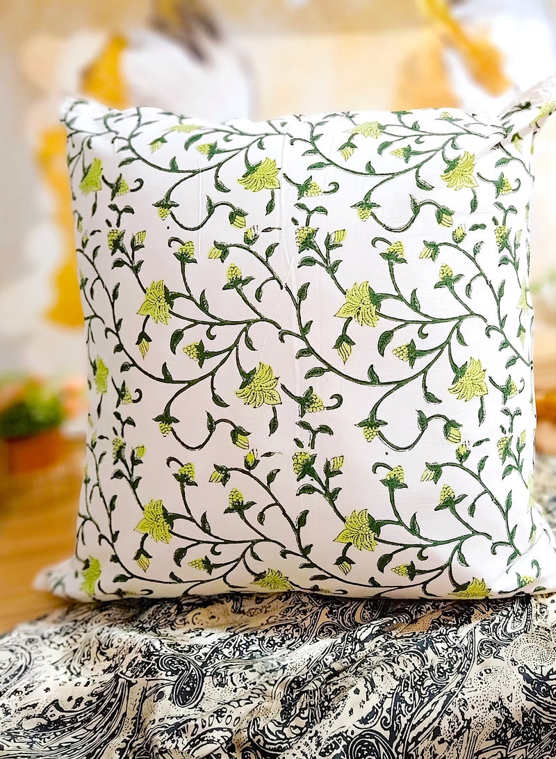 OJARIYA Lemon Green Coral Hand Block Printed Organic Cotton Quilted Cushion Cover 65 Cm X 65 Cm  - Image 3
