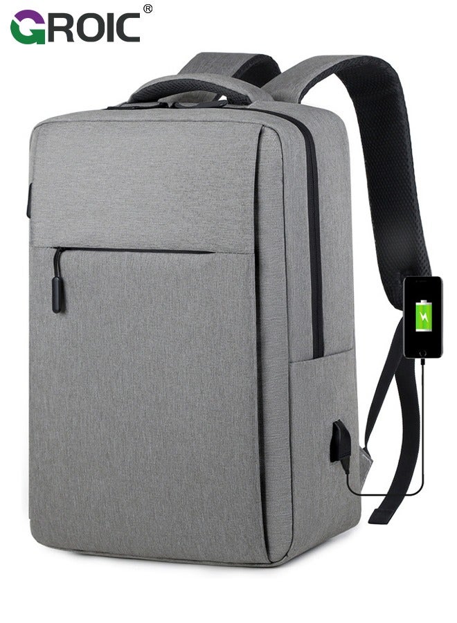 GROIC Grey Laptop Backpack 15.6 Inch, Business Slim Durable Travel Backpacks with USB Charging Port, College Computer Bag Gifts for Men and Women Fits Notebook  - Image 1