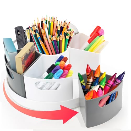 ZERUIDM Rotating Art Supply Organizer Storage Caddy for Kids, 7 Bins Craft Crayon Marker Organizer for School Desk, Lazy Susan Pencil Holder for Classroom Organization, Homeschool Supplies - Image 1