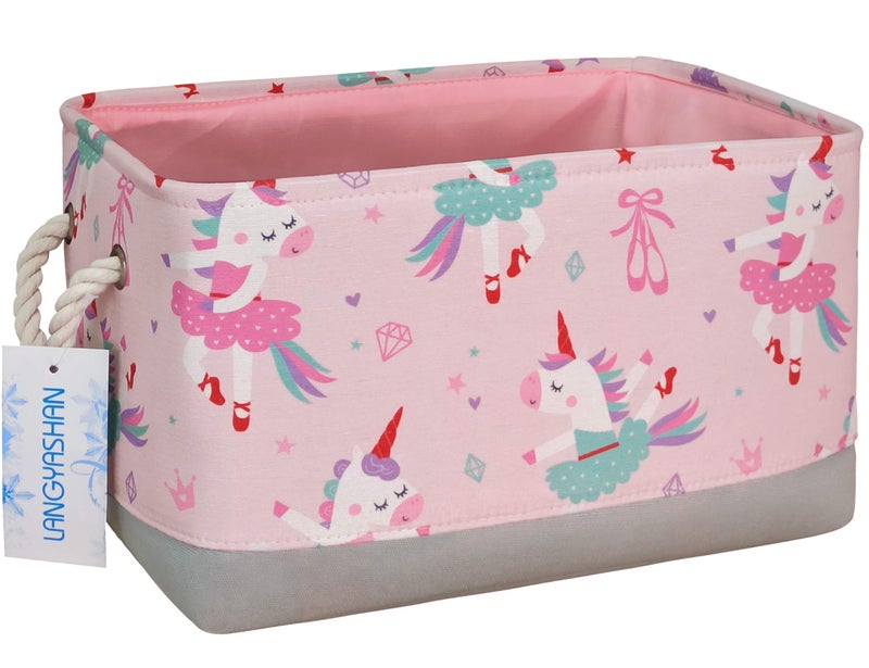 Langyashan Rectangular Storage Bin Collapse Canvas Fabric Cartoon Storage Basket With Handles For Organizing Home Kitchen Boys And Girls Toys Office Closet Shelf Baskets(Rec Pink Dancing Unicorn) - Image 1